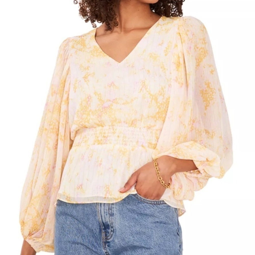 Sam & Jess Yellow V-Neck Smocked Peplum Top Lined Size M EUC